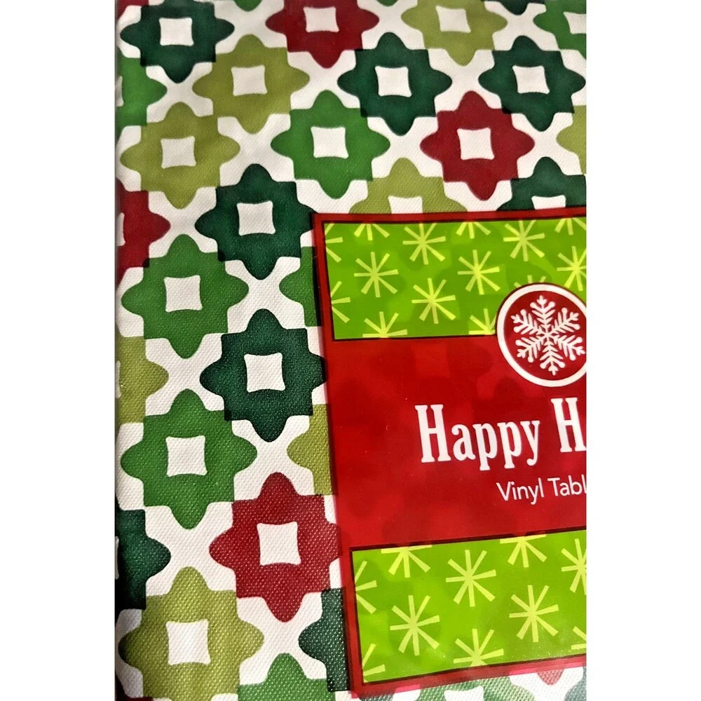 Christmas Red Green White Vinyl Tablecloth Flannel Backed Holiday Square 52x52